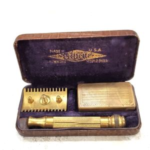 Vintage Gillette shaving kit alligator look brown case